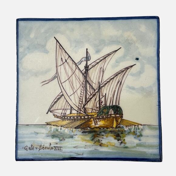 Portuguese Tile Ship Gale Seculo XVI Handpainted Battistini de Maria de Portugal - Picture 2 of 13